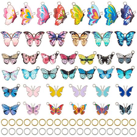 PandaHall Elite 80 pcs 40 Styles Butterfly Printed Alloy Enamel Charm Pendants with 80 pcs Golden/Silver 8mm 18 Gauge Jump Rings for Earring Bracelet Necklace Jewelry DIY Craft Making