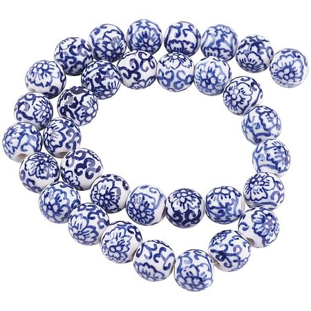 CHGCRAFT About 20pcs Handmade Porcelain Beads Round with Flower Shaped Charm MediumBlue Color Spacer Beads Loose Beads for DIY Jewelry Making