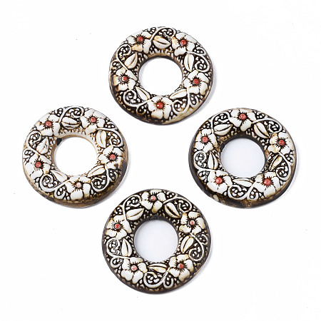 ARRICRAFT Handmade Porcelain Pendants, Ring with Flower Pattern, Saddle Brown, 46.5~48.5x9~11mm, Hole: 18.5~20mm