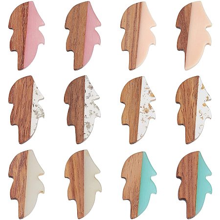 OLYCRAFT 12Pcs Resin Wooden Cabochons Vintage Resin Wood Statement Long Leaf Resin Wooden Earrings Findings for DIY Jewelry Making Decoration - 6 Colors