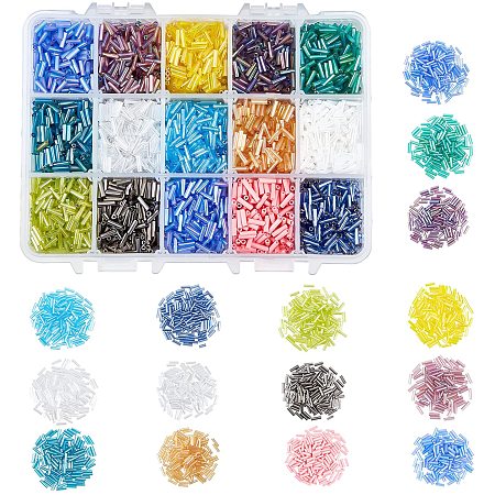 NBEADS 225g 15 Colors Glass Bugle Beads 6x2mm, Opaque Glass Seed Beads Pony Beads Mini Spacer Loose Beads for DIY Craft Bracelet Necklace Jewelry Making