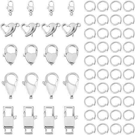 DICOSMETIC 20pcs 5 Styles 316 Stainless Steel Lobster Claw Clasps Heart Jewelry Clasps Rectangle Bracelet End Clasps with 40pcs Jump Rings for Pendants Jewelry Making