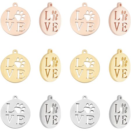 UNICRAFTALE 12pcs 3 Colors Flat Round with Word Love Pendants Stainless Steel Pendant Hollow Polishing Pendants for Jewelry Making for Valentine's Day 1.2mm Hole