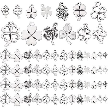 PandaHall Elite 13 Style Clover Charms, 130pcs Four Leaf Pendants Lucky Alloy Pendants St Patricks Irish Pendant Punk Style Charms for Jewelry Making, Antique Silver