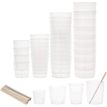 PandaHall Elite 48 pcs 30 50 60 100ml Plastic Graduated Cups Clear Measuring Cups with 50 pcs 4 Inch Wooden Stirring Sticks for Mixing Paint, Stain, Epoxy, Resin