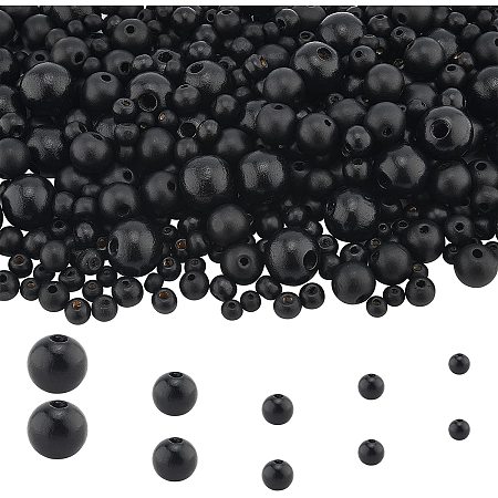 Pandahall Elite 5 Sizes 800pcs Black Round Natural Wood Beads Dyed Wood Barrel Beads Loose Spacer Beads Findings 2-4 Hole Charms Beads for Jewelry Making Home Decorations(7, 8, 10, 14, 18mm)