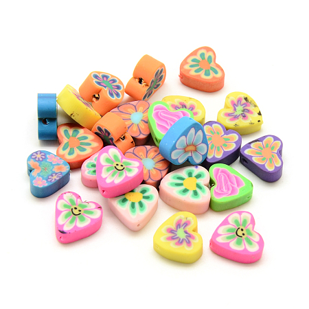 ARRICRAFT Handmade Polymer Clay Beads, Heart with Flower, Mixed Color, 10x10~11x4mm, Hole: 1~2mm