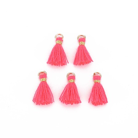 Honeyhandy Polycotton(Polyester Cotton) Tassel Pendant Decorations, Mini Tassel, with Iron Findings and Metallic Cord, Light Gold, Hot Pink, 10~15x2~3mm, Hole: 1.5mm