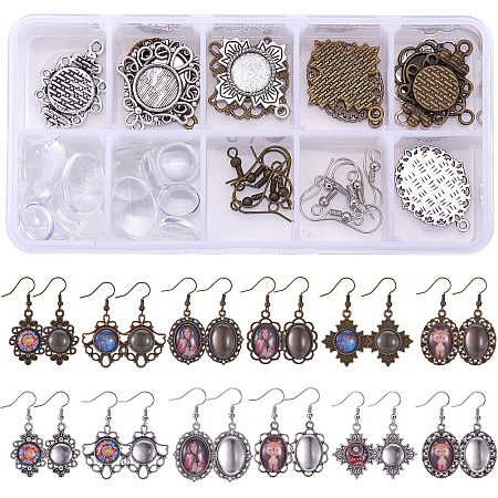 SUNNYCLUE DIY Earring Making, with Tibetan Style Alloy Cabochon Settings, Transparent Glass Cabochons and Brass Earring Hooks, Mixed Color, 30x26x2mm, Hole: 3mm; 72pcs/box