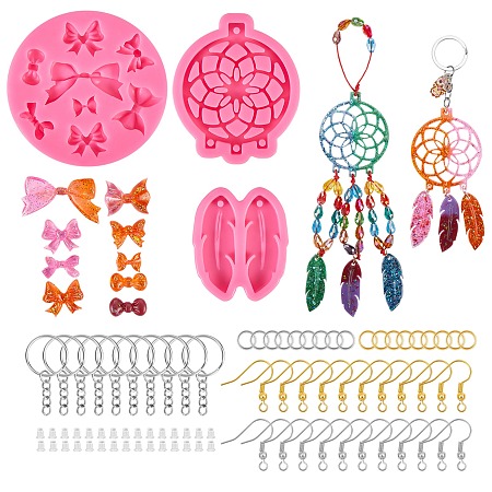 Honeyhandy DIY Epoxy Resin Crafts, Including  Silicone Moulds, Iron Split Key Rings & Jump Rings, Brass Earring Hooks and Silicone Ear Nuts, Mixed Color, 155pcs/set