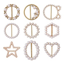 9Pcs 9 Style Alloy Buckles, with Imitaion Pearl & Rhinestone, Mix-shaped, Light Gold, 30~50x30~50mm, 1pc/style