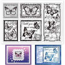 GLOBLELAND Butterfly Postage Clear Stamp Music Notes Transparent Silicone Stamp Word Flower Rubber Stamp for Scrapbook Journal Card Making 4.3 x 6.3 Inch