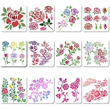 GORGECRAFT 12 Styles 18x18cm Rose Flowers Stencil Flowers Leaves Templates Floral Buds Rose Bouquets Vines Branches Leaf Pattern Square Plastic Stencils Sign for Painting on Canvas Scrapbooking Card