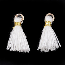 Honeyhandy Polycotton(Polyester Cotton) Tassel Pendant Decorations, Mini Tassel, with Iron Findings and Metallic Cord, Light Gold, White, 10~15x2~3mm, Hole: 1.5mm