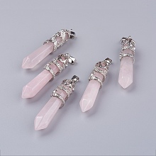 Honeyhandy Natural Rose Quartz Big Pointed Pendants, with Alloy Findings, Faceted, Bullet, Platinum, 59~63x11~12mm, Hole: 4x7mm