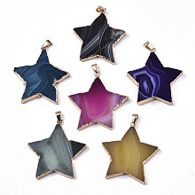 Honeyhandy Natural Banded Agate/Striped Agate Pendants, with Light Gold Pleated Edge and Iron Bail, Star, Dyed, Mixed Color, 45~50x43~45x5~8mm, Hole: 4x7.5mm