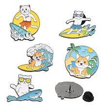 Honeyhandy 5Pcs 5 Style Animal Alloy Enamel Brooches for Backpack Clothes, Cat & Dog Surfing Enamel Pins, Mixed Color, 20.5~27.5x21~29x10mm, 1pc/style