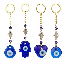 Honeyhandy Heart/Hamsa Hand/Teardrop/Flat Round with Evil Eye Lampwork Pendant Keychain, with Alloy Rhinestone Links Connectors and Iron Findings, for Woman Bag Car Key Decoration, Golden, 13.5~15.2cm