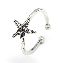 Honeyhandy Adjustable Alloy Cuff Finger Rings, Starfish/Sea Stars, Size 7, Antique Silver, 17mm