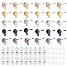 DICOSMETIC 120Pcs 5 Colors Stainless Steel Earring Making Finding Kits Gold/Rose Gold/Black/Rainbow Color Stud Earring Settings with Loop and Rhinestone Cabochons for Earring Making