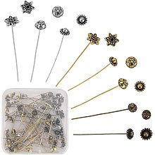 SUNNYCLUE 1 Box 64Pcs 8 Styles Flower Head Pins Antique Tibetan Style Beads Ball Head Pins Brass Jewellery Needles findings for Women Beginners DIY Earring Necklace Making Crafts