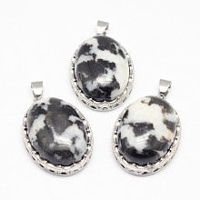 Honeyhandy Natural Zebra Jasper Pendants, with Brass Findings, Oval, Platinum, 30x21x10~11mm, Hole: 6x4mm