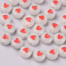 Honeyhandy Luminous Acrylic Beads, Glow in the Dark, Flat Round with Heart, Red, 7x3.5mm, Hole: 1.8mm