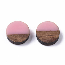 Honeyhandy Resin & Wood Cabochons, Flat Round, Pink, 10x2.5~4mm