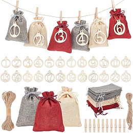 NBEADS 24 Pcs 3 Colors Christmas Advent Calendar Bags, Drawstring Candy Gift Bags with Number 1~24 Pendant and Wood Clips DIY Xmas Countdown Christmas Decorations for Party Home Office