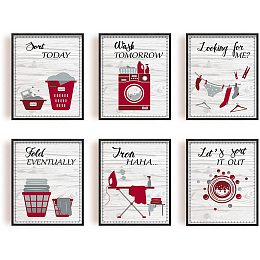 ARRICRAFT 6 PCS/Set Canvas Prints Laundry Room Theme Canvas Art Red Laundry Inspirational Painting Decorative Wall Art Pictures for Laundry Wall Decor 9.8"x7.8" (No Frame)