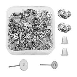 Honeyhandy DIY Earring Making Kits, 100Pcs Stainless Steel Flat Round Blank Peg Stud Earring Findings, 200Pcs Stainless Steel & Plastic Ear Nuts, Stainless Steel Color, Findings: 400pcs/box