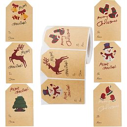 GORGECRAFT 250PCS 6 Styles Christmas Self Adhesive Gift Tags Decorative Merry Christmas Sticker Xmas Snowman Reindeer Stocking Bell Kraft Sticker Roll for Holiday Crafts Christmas Tree Labels Wrapping