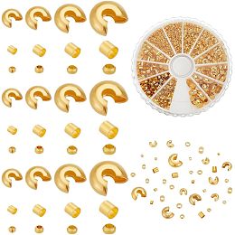 PandaHall Elite About 1591pcs Jewelry Making Findings Kits, 12 Styles Golden Brass Crimp Beads Crimp Bead Knot Covers Half Round Open Crimp Beads Covers for DIY Crafts Necklace Bracelet Jewelry Making