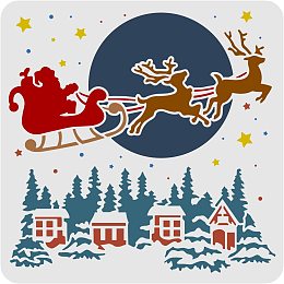 FINGERINSPIRE Santa Sleigh and Reindeer Stencil 11.8x11.8inch Reusable Christmas Snow Covered House DIY Art Craft Template Large Drawing Painting Stencil Vinyl for Painting on Wood, Canvas, Wall