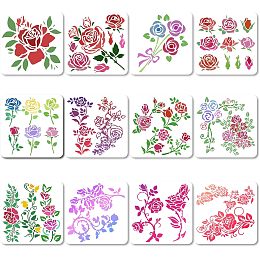 GORGECRAFT 12 Styles 18x18cm Rose Flowers Stencil Flowers Leaves Templates Floral Buds Rose Bouquets Vines Branches Leaf Pattern Square Plastic Stencils Sign for Painting on Canvas Scrapbooking Card