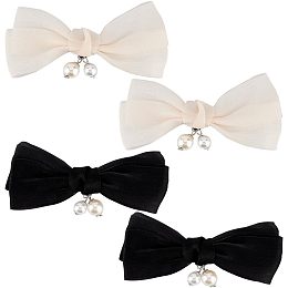 FINGERINSPIRE 4Pcs Pearls Pendant Bow Shoe Clips 1.8x4.5inch Imitation Pearl Detachable Shoe Buckle Seashell Color & Black Bowknot Pair Shoe Clips Removable Shoe Charms Wedding Bridal Jewelry Decor