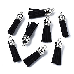 Honeyhandy Faux Suede Tassel Pendant Decorations, with CCB Plastic Cord Ends, Platinum, Black, 35~37x10mm, Hole: 1.8mm