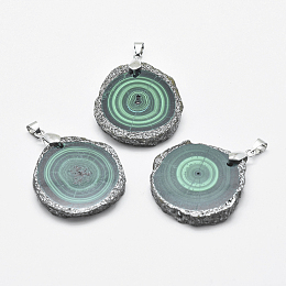 Honeyhandy Natural Malachite Pendants, Nuggets, Platinum, 32~42x29~34x5.5mm, Hole: 4x5mm