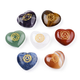 Honeyhandy 7Pcs 7 styles Natural Mixed Stone Palm Stone, Natural Quartz Crystal & Green Aventurine & Agate & Tiger Eye & Amethyst & Red Jasper & Sodalite, Heart with Yoga Chakra Pattern, 25x28.5x10.5~11.5mm