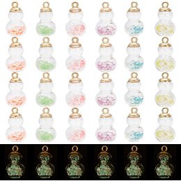 Arricraft 48 Pcs 6 Colors Luminous Glass Charm, Gourd Shape Glow in The Dark Beads Glass Ball with Golden Plastic Pendant Bails for Making Bracelets Necklaces Earrings Crafts