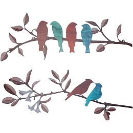 CREATCABIN 2Pcs Metal Birds Wall Art Birds on Branch Metal Wall Decor Leaves with Birds Sculpture Wall Hanging Sign Rustic Leaf Silhouette Colorful Iron Ornament for Balcony Garden Outdoor 6 x 16Inch