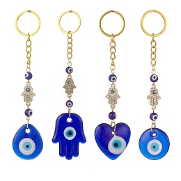 Honeyhandy Heart/Hamsa Hand/Teardrop/Flat Round with Evil Eye Lampwork Pendant Keychain, with Alloy Rhinestone Links Connectors and Iron Findings, for Woman Bag Car Key Decoration, Golden, 13.5~15.2cm