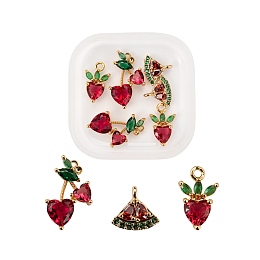 Honeyhandy 6Pcs Brass Micro Pave Colorful Cubic Zirconia Pendants, Long-Lasting Plated, Cherry, Strawberry, Watermelon, Mixed Color, 8~16.5x7~10x2.5~4mm, Hole: 0.9~1.2mm