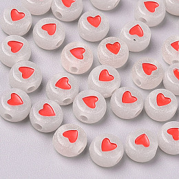 Honeyhandy Luminous Acrylic Beads, Glow in the Dark, Flat Round with Heart, Red, 7x3.5mm, Hole: 1.8mm, about 3700pcs/500g