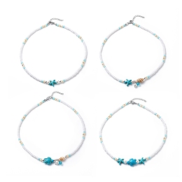 Honeyhandy 4Pcs 4 Style Natural Pearl & Shell & Dyed Synthetic Turquoise Beaded Necklaces Set, Gemstone Starfish & Tortoise Ocean Theme Necklaces for Women, Stainless Steel Color, 16.14 inch(41cm), 1Pc/style