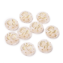 Honeyhandy Plating Acrylic Beads, Golden Metal Enlaced, Frosted, Flat Round with Flower, Moccasin, 18x5mm, Hole: 1.8mm, about 399pcs/500g