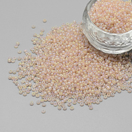 Honeyhandy 12/0 Grade A Round Glass Seed Beads, Transparent Frosted Style, AB Color Plated, Misty Rose, 2x1.5mm, Hole: 0.8mm, about 30000pcs/bag