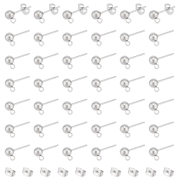 Unicraftale 100Pcs 304 Stainless Steel Ball Post Stud Earring Findings, with Loop and 316 Surgical Stainless Steel Pin, 100Pcs 304 Stainless Steel Ear Nuts, Stainless Steel Color, 6~16x4.5~8x3~5mm, Hole: 0.8~1.8mm, Pin: 0.8mm