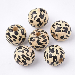 CHGCRAFT Printed Natural Wood Beads, Dyed, Round with Leopard Print Pattern, Black, 12.5x14x13mm, Hole: 3mm