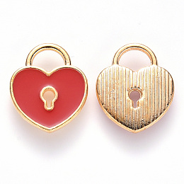 Honeyhandy Alloy Enamel Charms, Heart Lock, Light Gold, Red, 13x11x1.5mm, Hole: 3x4mm